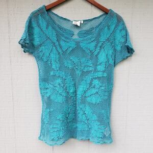 Lilka Floral Open Knit SS Top Teal Blue XS Crochet
